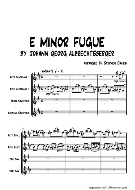 'E Minor Fugue' by Johann Georg Albrechtsberger for Saxophone Quartet. (arr. Stephen Davies)
