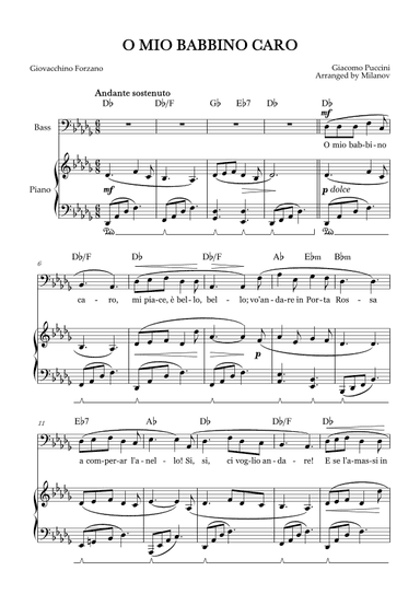O Mio Babbino Caro | Male Voice Bass | D-flat Major | Piano accompaniment | Pedal | Chords (arr. Milanov)