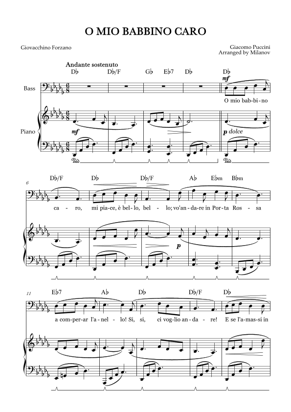 O Mio Babbino Caro | Male Voice Bass | D-flat Major | Piano accompaniment | Pedal | Chords (arr. Milanov)