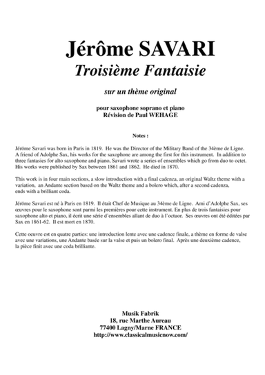 Jérôme Savari: Troisième Fantaisie sur un thème original pour saxophone soprano et piano (arr. Musik Fabrik Music Publishing)