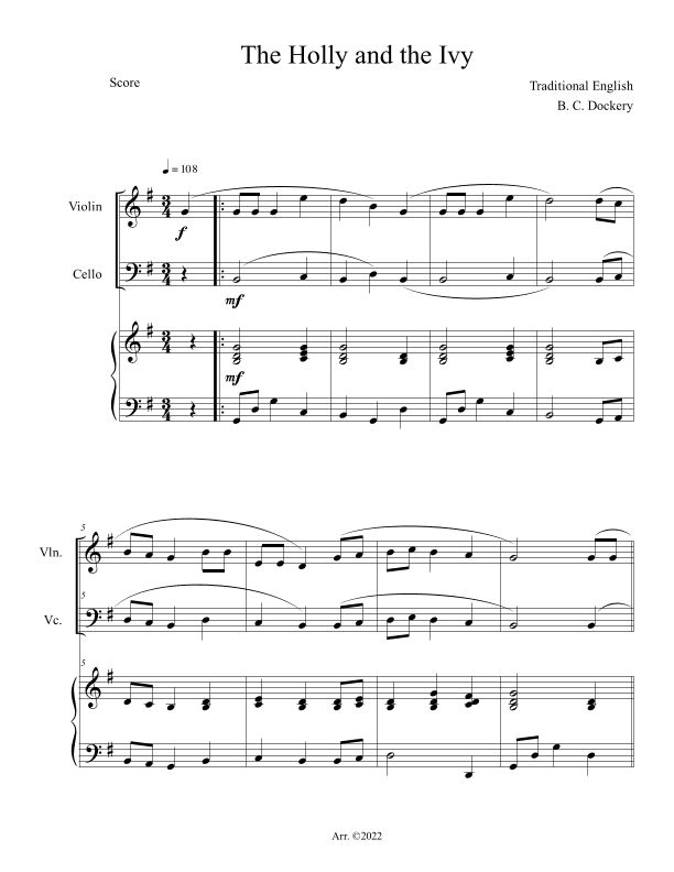 The Holly and the Ivy (Violin and Cello Duet with Piano Accompaniment) (arr. B. C. Dockery)