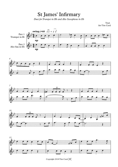 St James' Infirmary. Duet for Trumpet and Alto Saxophone (arr. Tim Curd.)