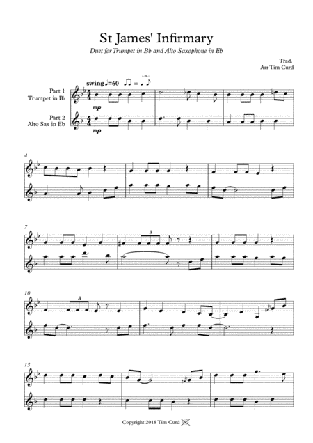 St James' Infirmary. Duet for Trumpet and Alto Saxophone (arr. Tim Curd.)