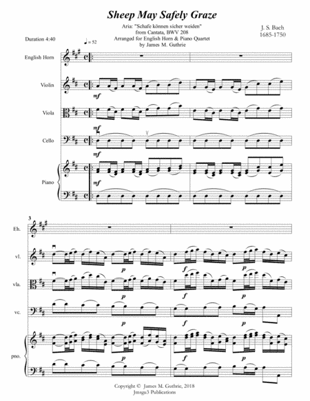 Bach: Sheep May Safely Graze for English Horn & Piano Quartet (arr. James M. Guthrie, ASCAP)