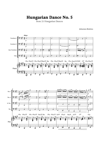 Hungarian Dance No. 5 by Brahms for Low Brass Ensemble Quartet and Piano (arr. Rika K.)