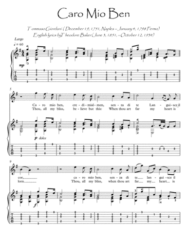 Caro Mio Ben guitar fingerstyle (arr. PianoSheetNow)