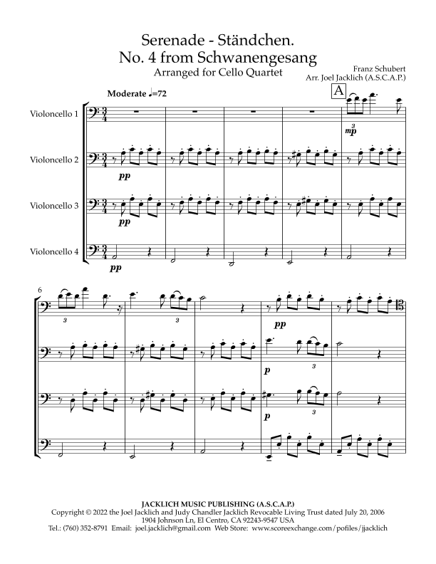 Schubert's Serenade for Cello Quartet (arr. Joel Jscklich (A.S..C.A.P.))