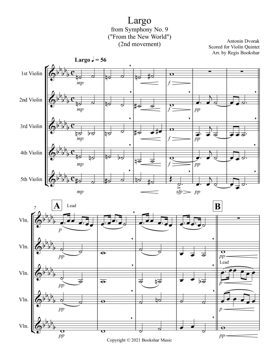 Largo (from "Symphony No. 9") ("From the New World") (Db) (Violin Quintet) (arr. Regis Bookshar)