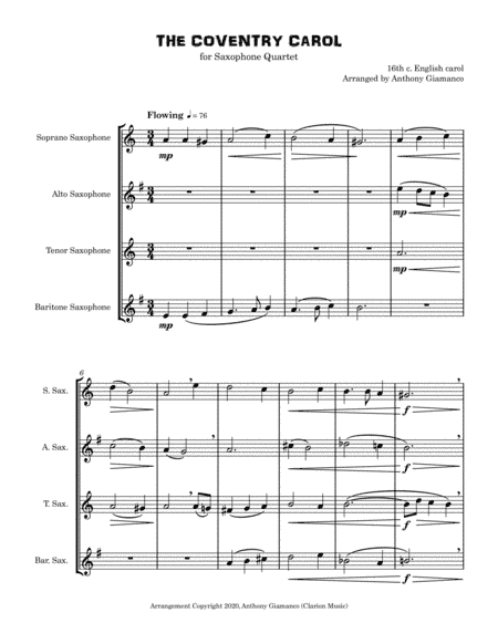 THE COVENTRY CAROL (Saxophone Quartet - SATB) (arr. Anthony Giamanco)