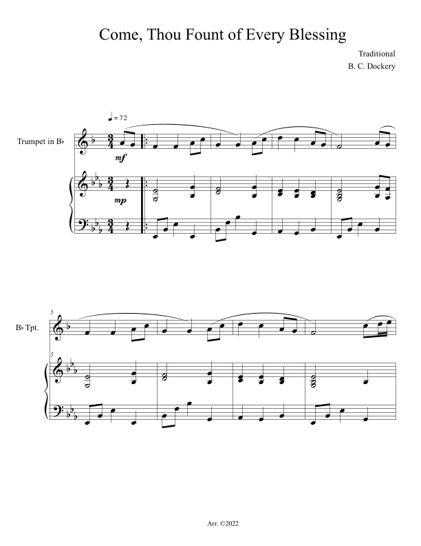 Come, Thou Fount of Every Blessing (Trumpet Solo with Piano Accompaniment) (arr. B. C. Dockery)