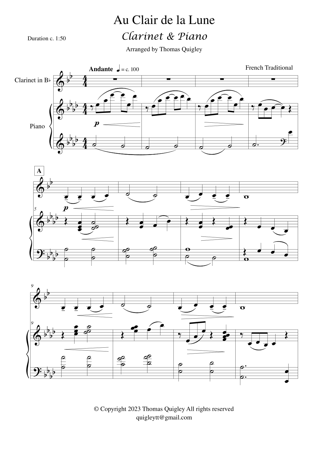 Au Clair de la Lune (arr. Thomas Quigley)