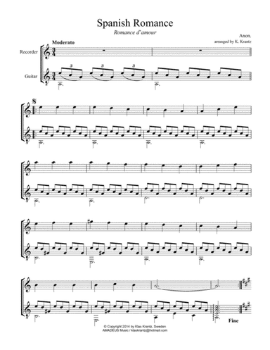 Spanish Romance, Romanza for recorder and guitar (arr. K. Krantz)
