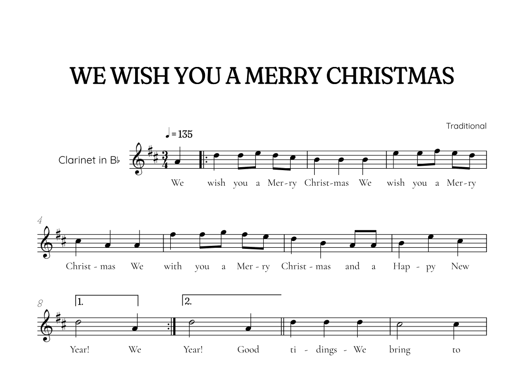 We Wish You a Merry Christmas for clarinet • easy Christmas sheet music (arr. Benzaiten Editions)