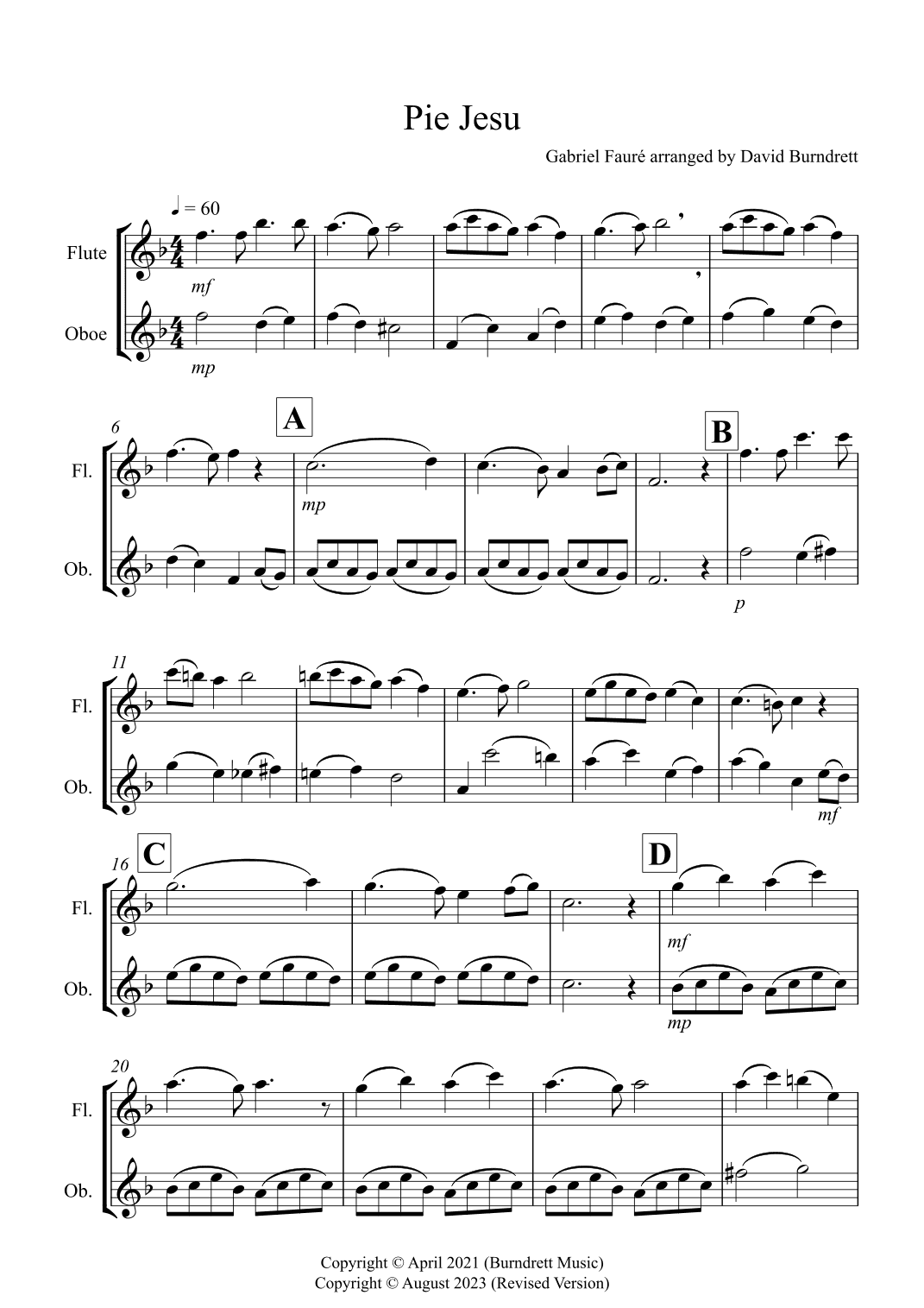 Pie Jesu for Flute and Oboe Duet (arr. David Burndrett)