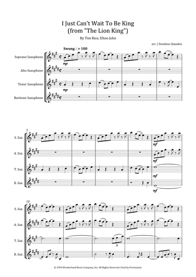 I Just Can't Wait To Be King (arr. J Swinhoe-Standen)