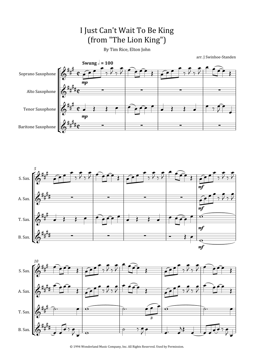 I Just Can't Wait To Be King (arr. J Swinhoe-Standen)