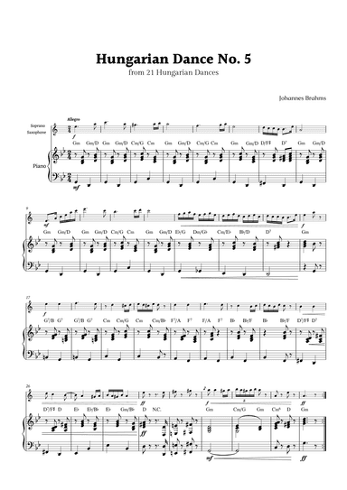 Hungarian Dance No. 5 by Brahms for Soprano Saxophone and Piano with Chords (arr. Rika K.)