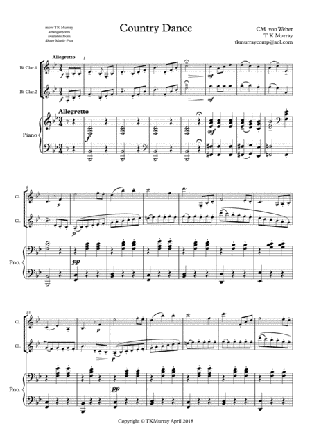 Weber - Country Dance - Clarinet Duo, 2 Clarinets, Clarinet Group & Piano (arr. Tim TK Murray)