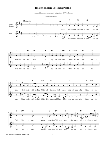 Im schönsten Wiesengrunde for mezzo-soprano, alto and guitar-chords (arr. David Warin Solomons)