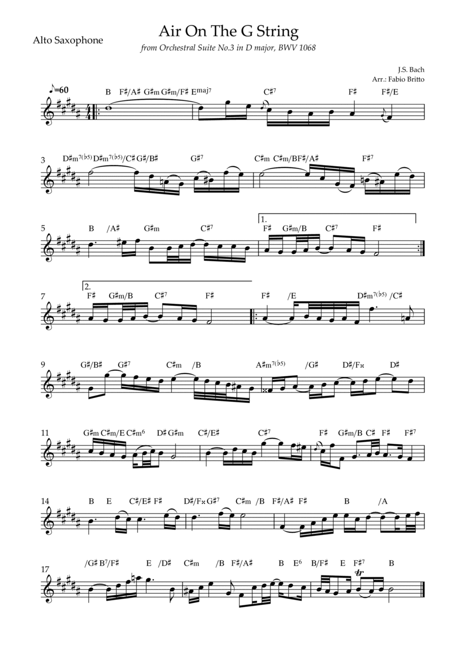 Air On The G String (J.S. Bach) for Alto Saxophone Solo with Chords (arr. Fabio Britto)