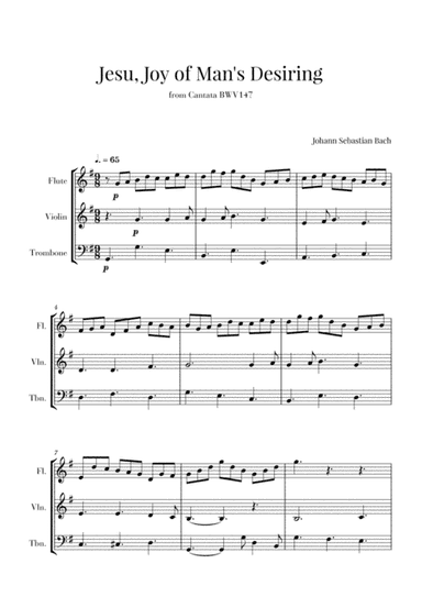Bach - Jesu, Joy of Man's Desiring for Flute, Violin and Trombone (arr. Cadenza Editions)