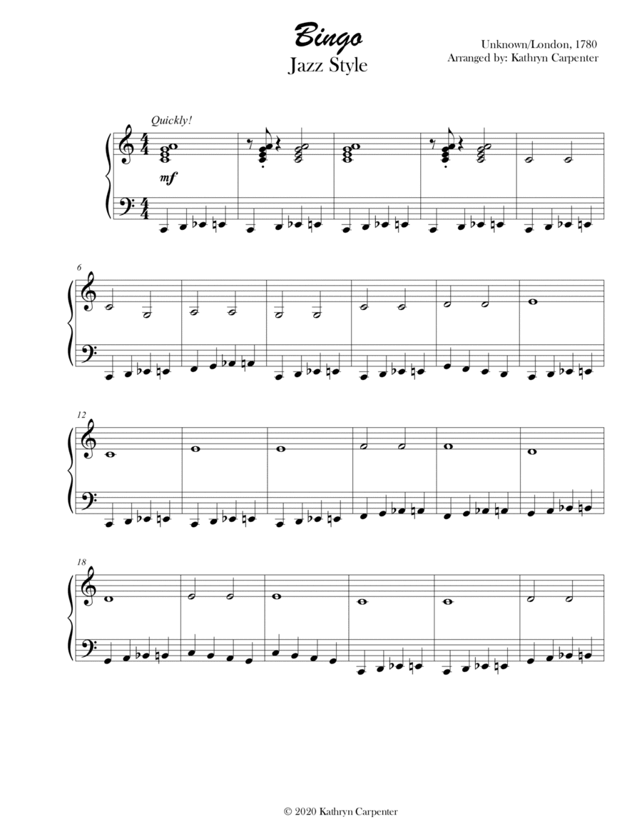 Bingo (B-I-N-G-O) Jazz Piano Style (arr. Kathryn Carpenter)