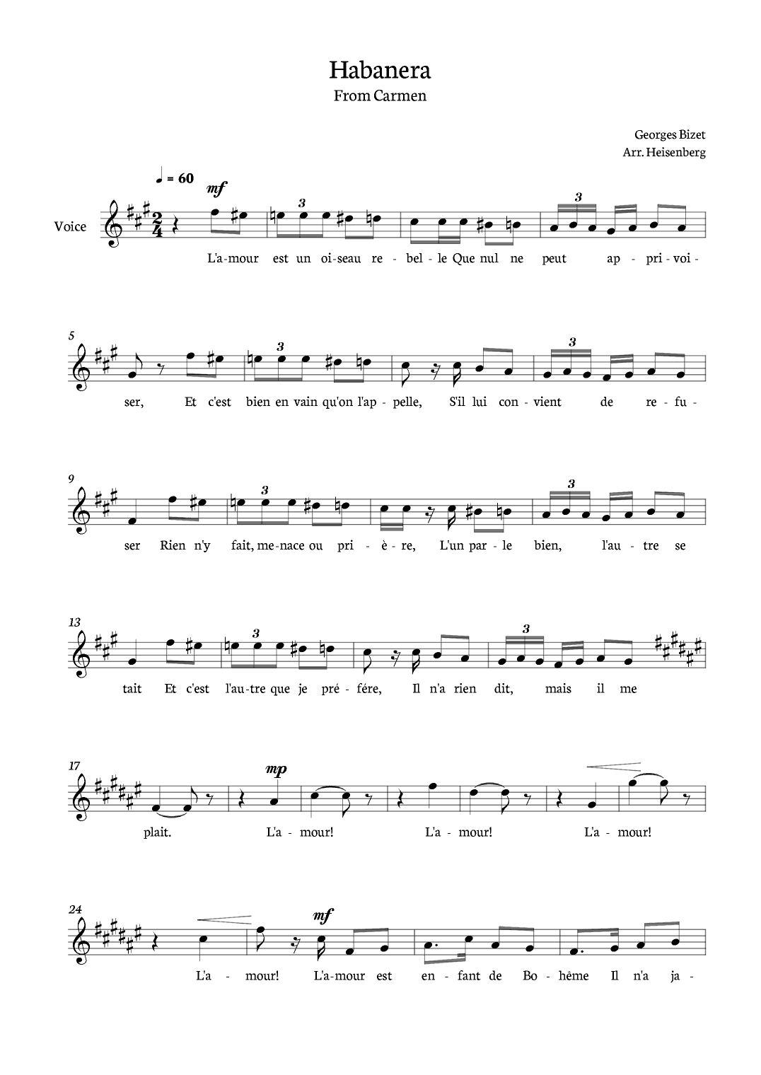 Habanera Carmen for voice in F minor with chords. (arr. Heisenberg)
