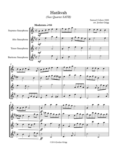 Hatikvah (Sax Quartet SATB) (arr. Jordan Grigg)