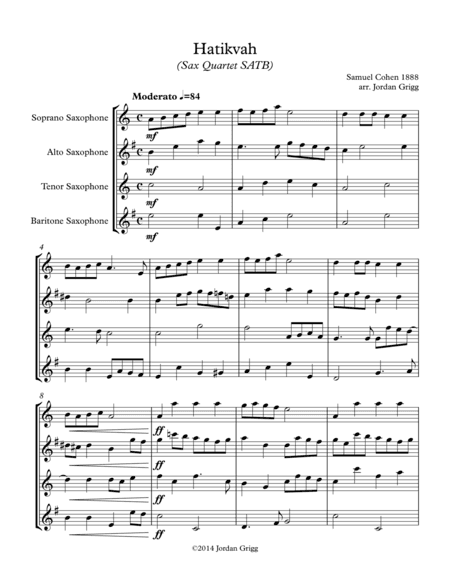 Hatikvah (Sax Quartet SATB) (arr. Jordan Grigg)