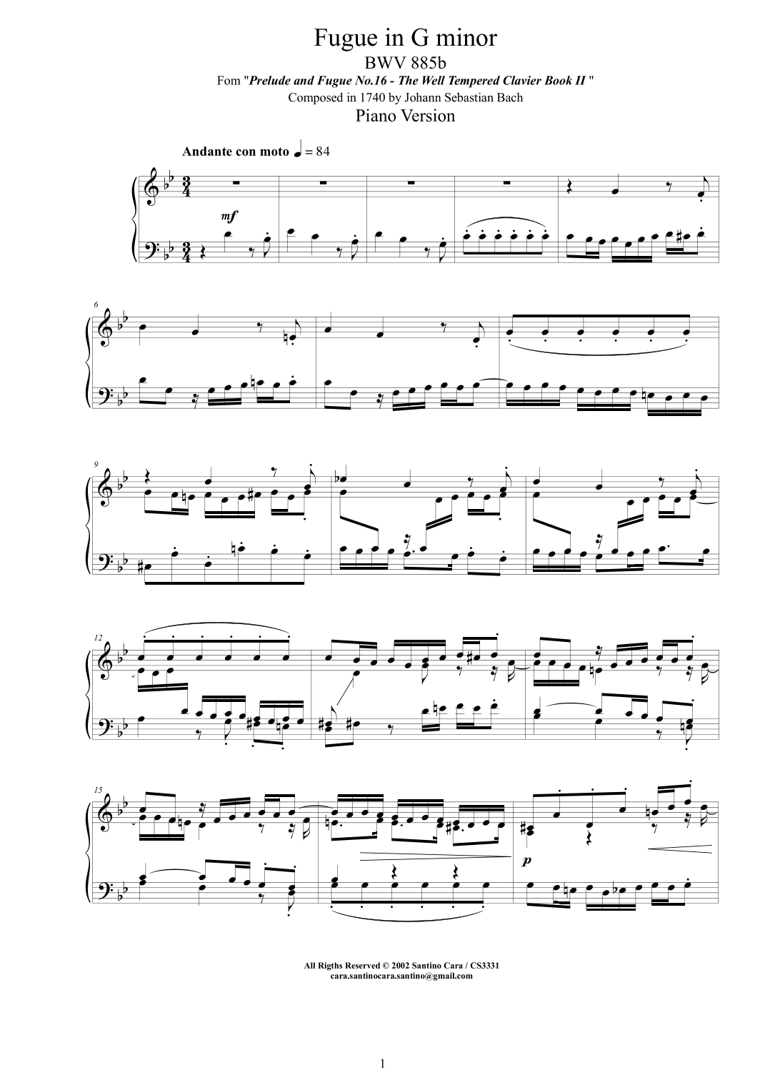 Bach - Fugue in G minor BWV 885b - Piano version (arr. Santino Cara)