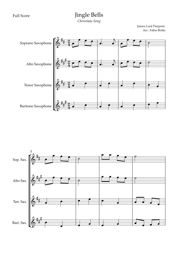 Jingle Bells (Christmas Song) for Saxophone Quartet (arr. Fabio Britto)