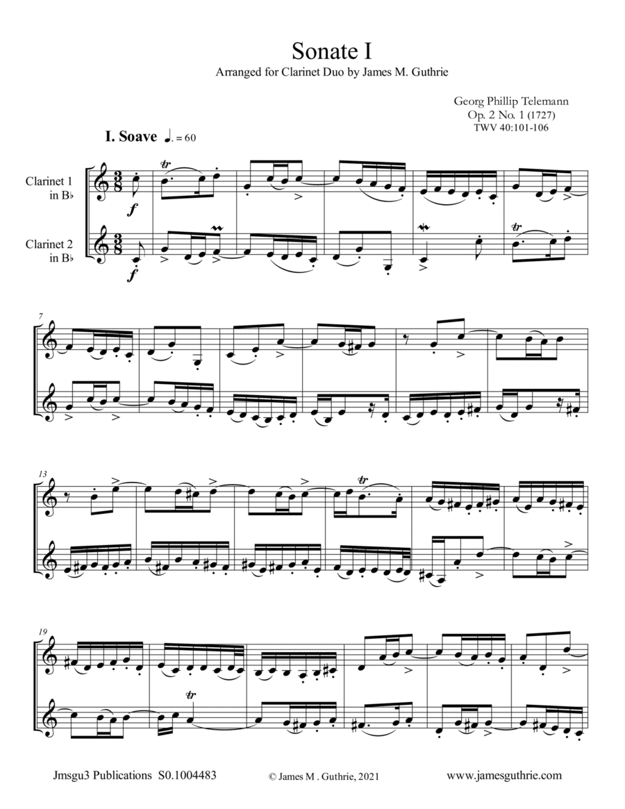Telemann: Sonata Op. 2 No. 1 for Clarinet Duo (arr. James M. Guthrie)