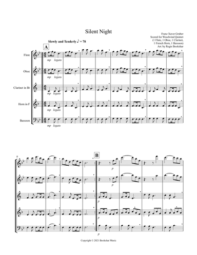 Silent Night (Bb) (Woodwind Quintet - 1 Flute, 1 Oboe, 1 Clar, 1 Hrn, 1 Bassoon) (arr. Regis Bookshar)