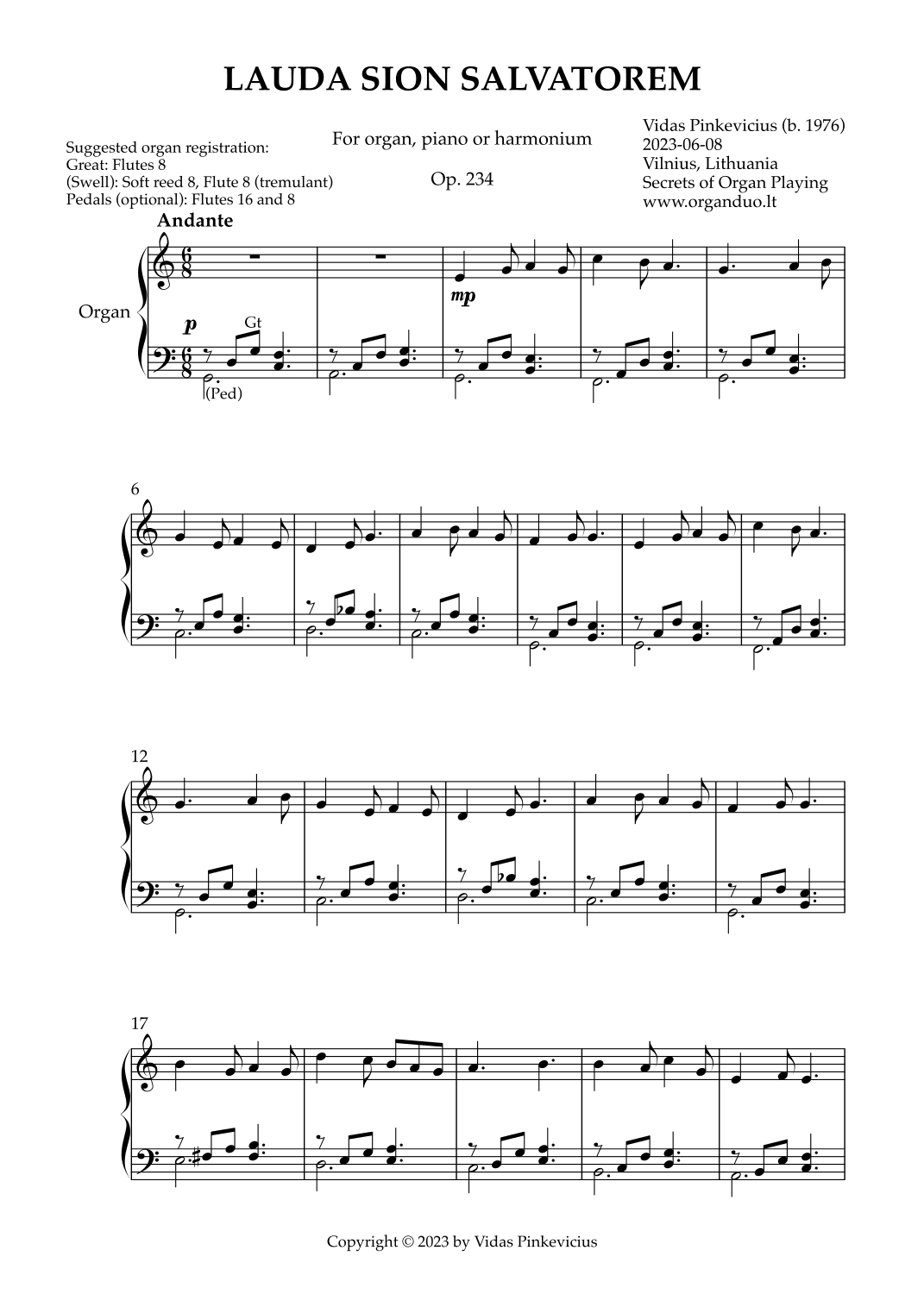 Lauda Sion Salvatorem, Op. 234 (Organ Solo) by Vidas Pinkevicius