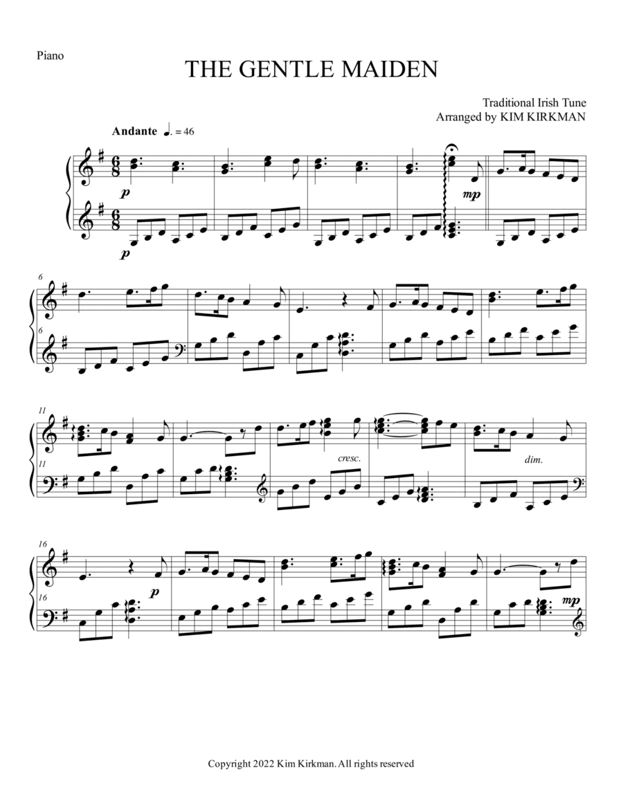 The Gentle Maiden arranged for solo piano in G (arr. Kim Kirkman)