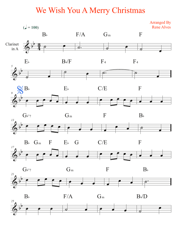 We Wish You A Merry Christmas, sheet music and clarinet melody in A for the beginning musician (easy (arr. Rene Alves)