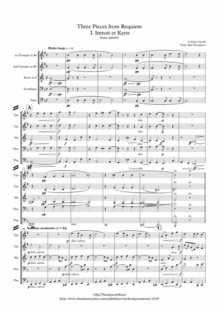 Faure: Requiem Op.48: 3 pieces: I.Introit et Kyrie IV. Pie Jesu & VI.Libera Me - brass quintet (arr. Ray Thompson)