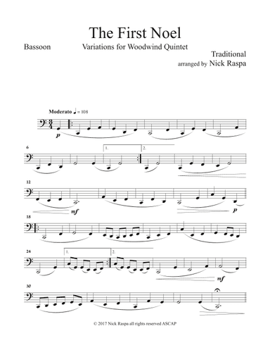 The First Noel (Variations for WW Quintet - fl, ca, cl, hrn in F, bsn) Bassoon part (arr. Nick Raspa)