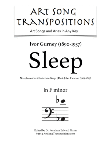 GURNEY: Sleep (transposed to F minor, bass clef) (arr. ArtSongTranspositions.com)