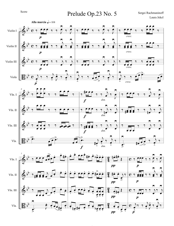 Prelude in G Minor by Rachmaninoff arranged for Three Violins and Viola (arr. Laura Jekel)