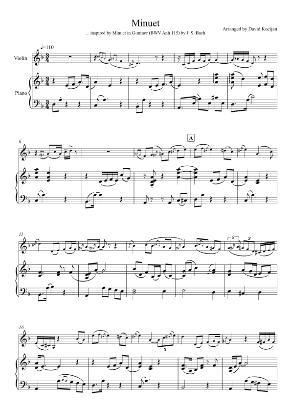 Minuet in G-minor, BWV Anh 115 (violin & piano) (arr. David Kocijan)