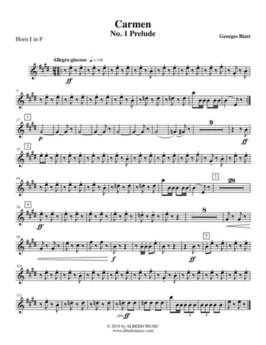 Carmen, No. 1 Prelude - Horn in F 1 (Transposed Part) (arr. Doug Clyde)
