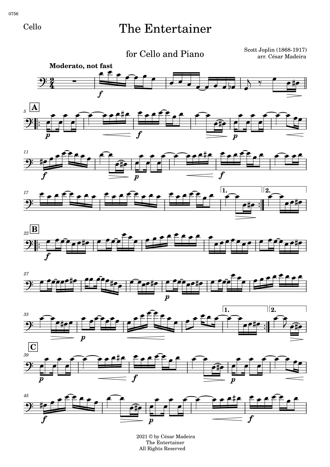 The Entertainer by Joplin - Cello and Piano (Individual Parts) (arr. César Madeira)