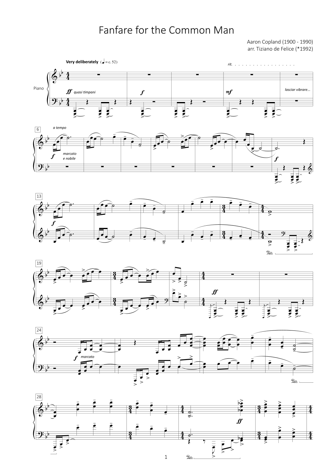 Fanfare for the Common Man for Piano (arr. Tiziano de Felice)