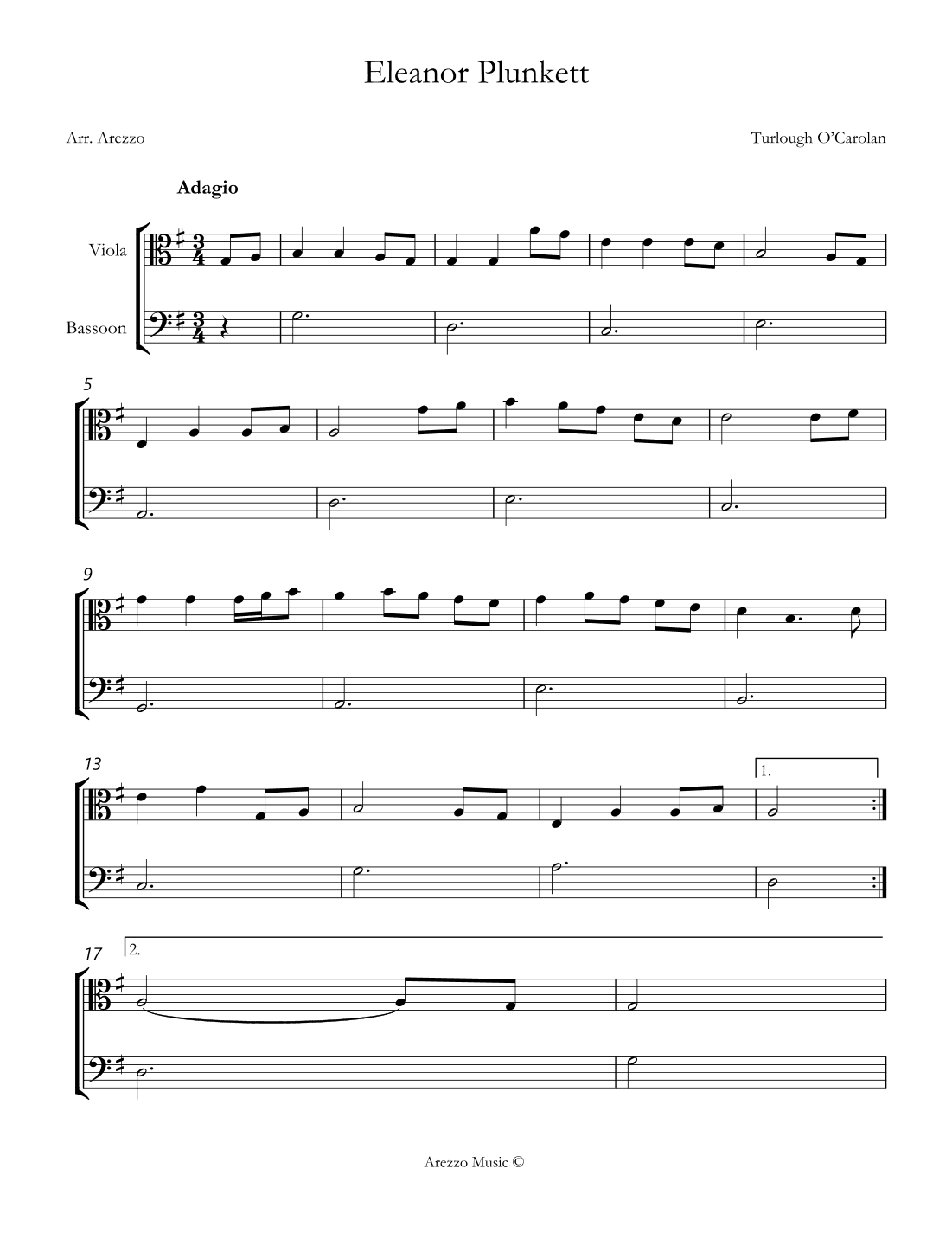 turlough'o carolan eleanor plunkett Viola and Bassoon sheet music (arr. Arezzo Music)