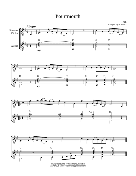 Portsmouth for flute or violin and guitar (arr. K. Krantz)