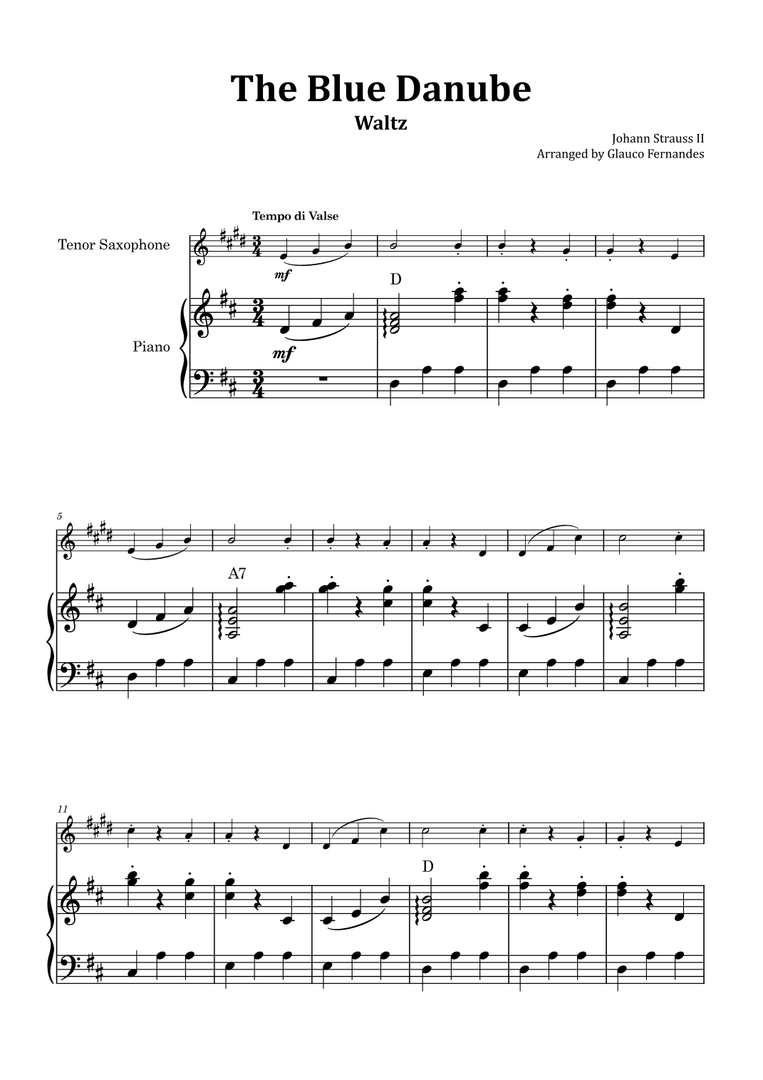 The Blue Danube - Tenor Saxophone and Piano with Chord Notations (arr. Glauco Fernandes)