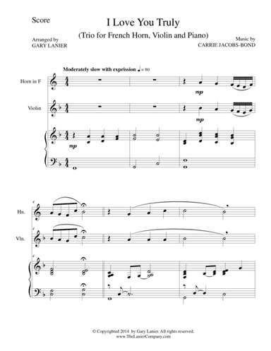 I LOVE YOU TRULY (Trio – French Horn, Violin, and Piano with Score and Parts) (arr. Gary Lanier)