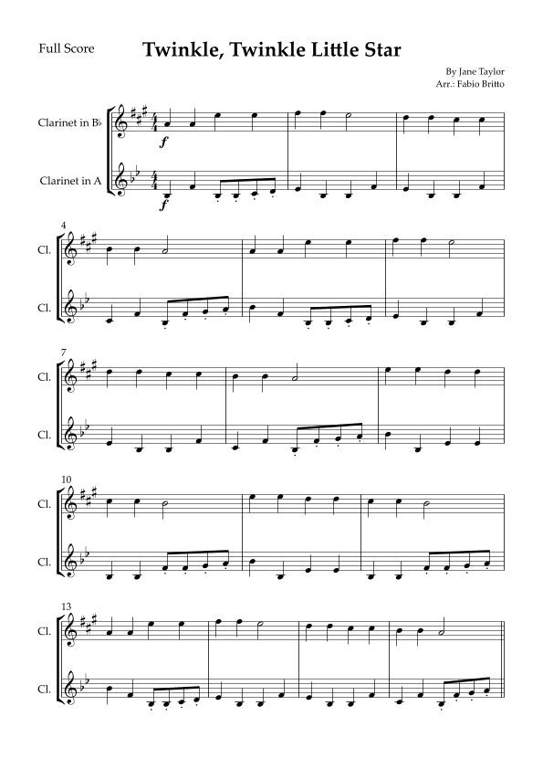 Twinkle, Twinkle Little Star for Clarinet in Bb & Clarinet in A Duo (arr. Fabio Britto)