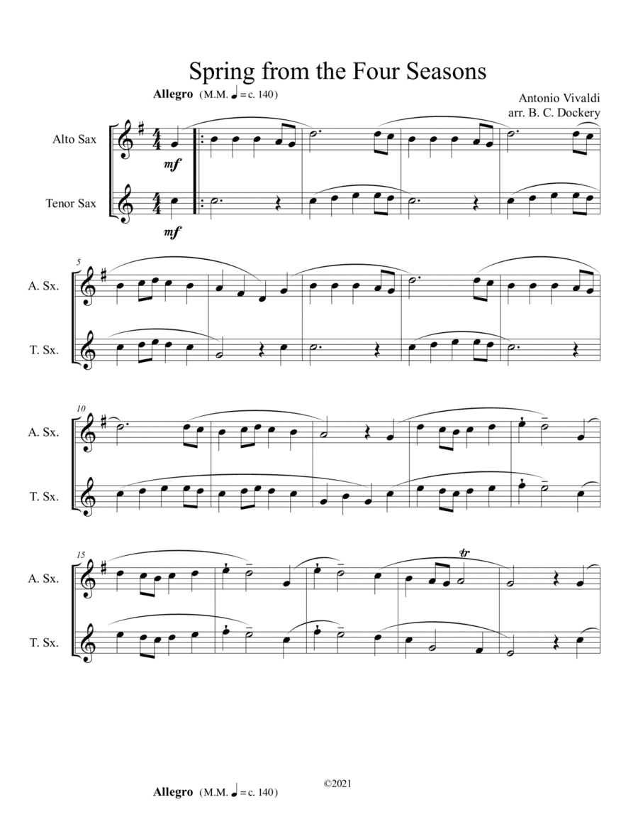 Spring from the Four Seasons (Alto and Tenor Sax Duet) (arr. B. C. Dockery)